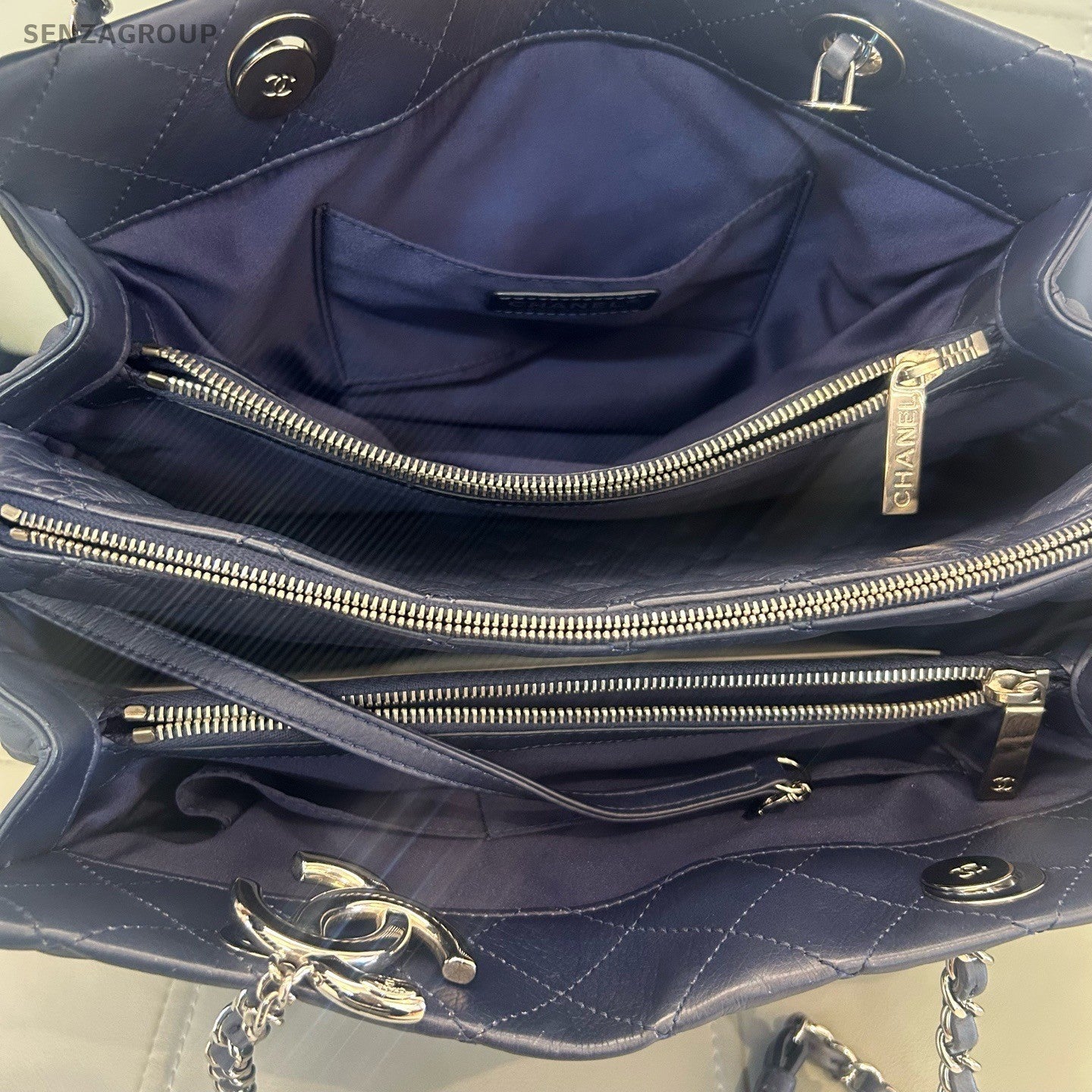 Chanel Tote Chain Handbag Shoulder Bag Diamond Blue Silver Women Classic