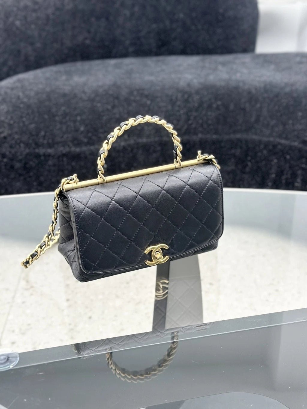Chanel Lambskin Chain Top Handle Crossbody Bag Black Gold Hardware Women S