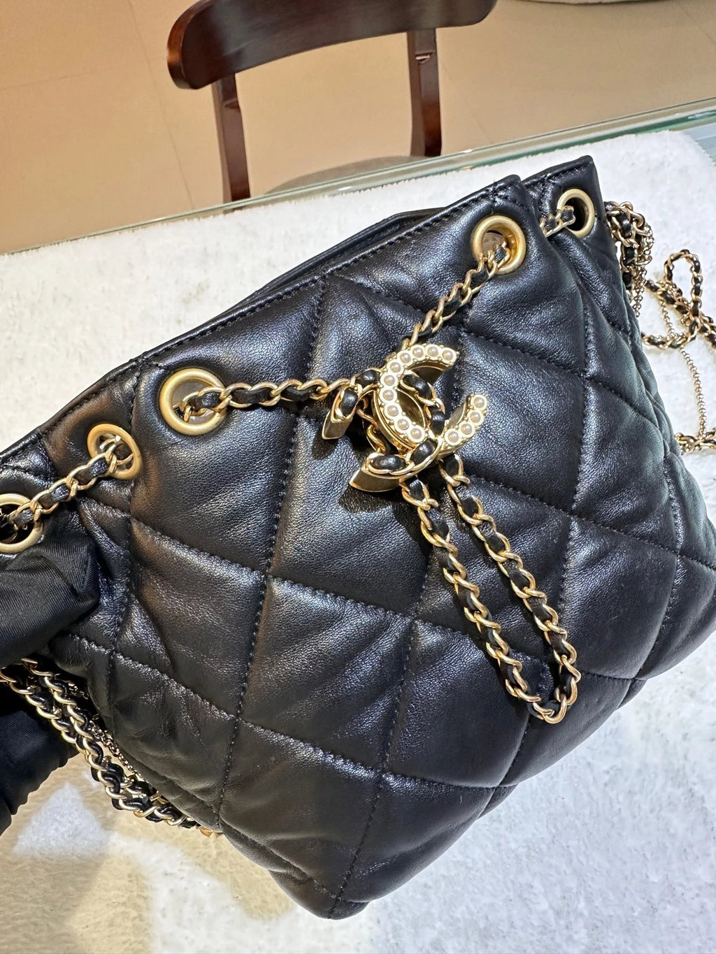 CHANEL Black Gold Leather Drawstring Bucket Bag For Women