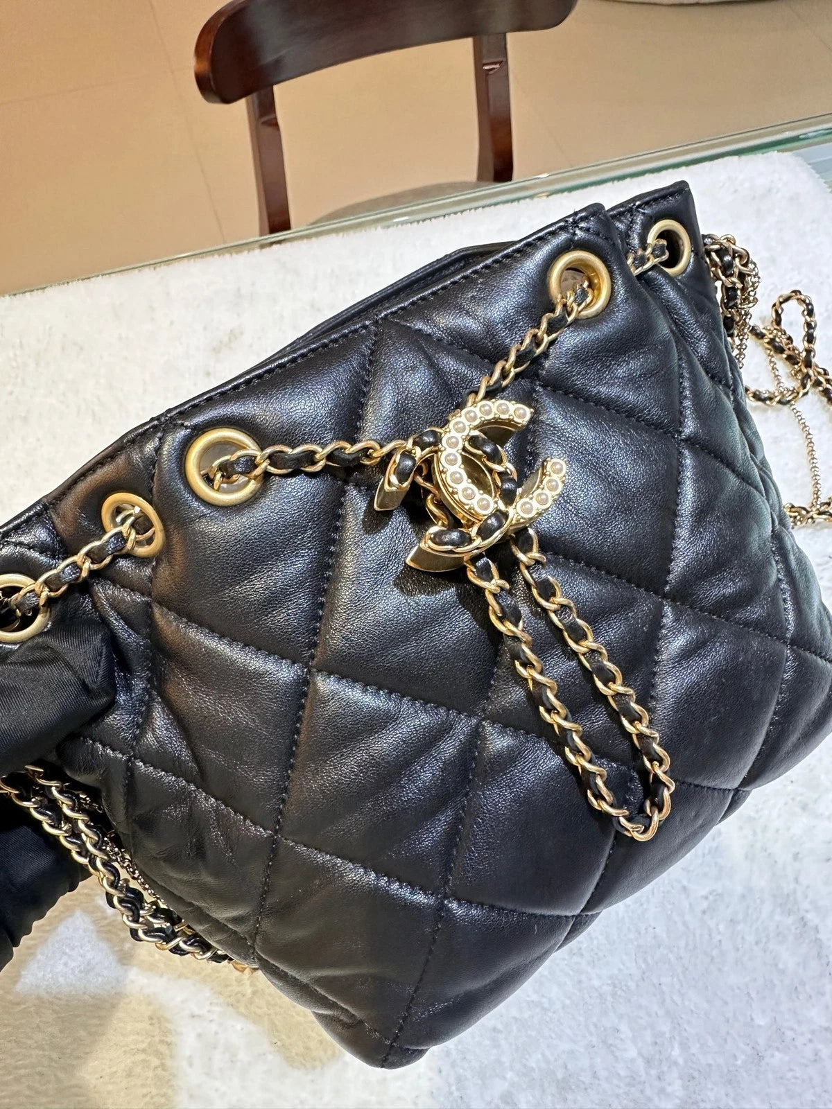 CHANEL Black Gold Leather Drawstring Bucket Bag For Women