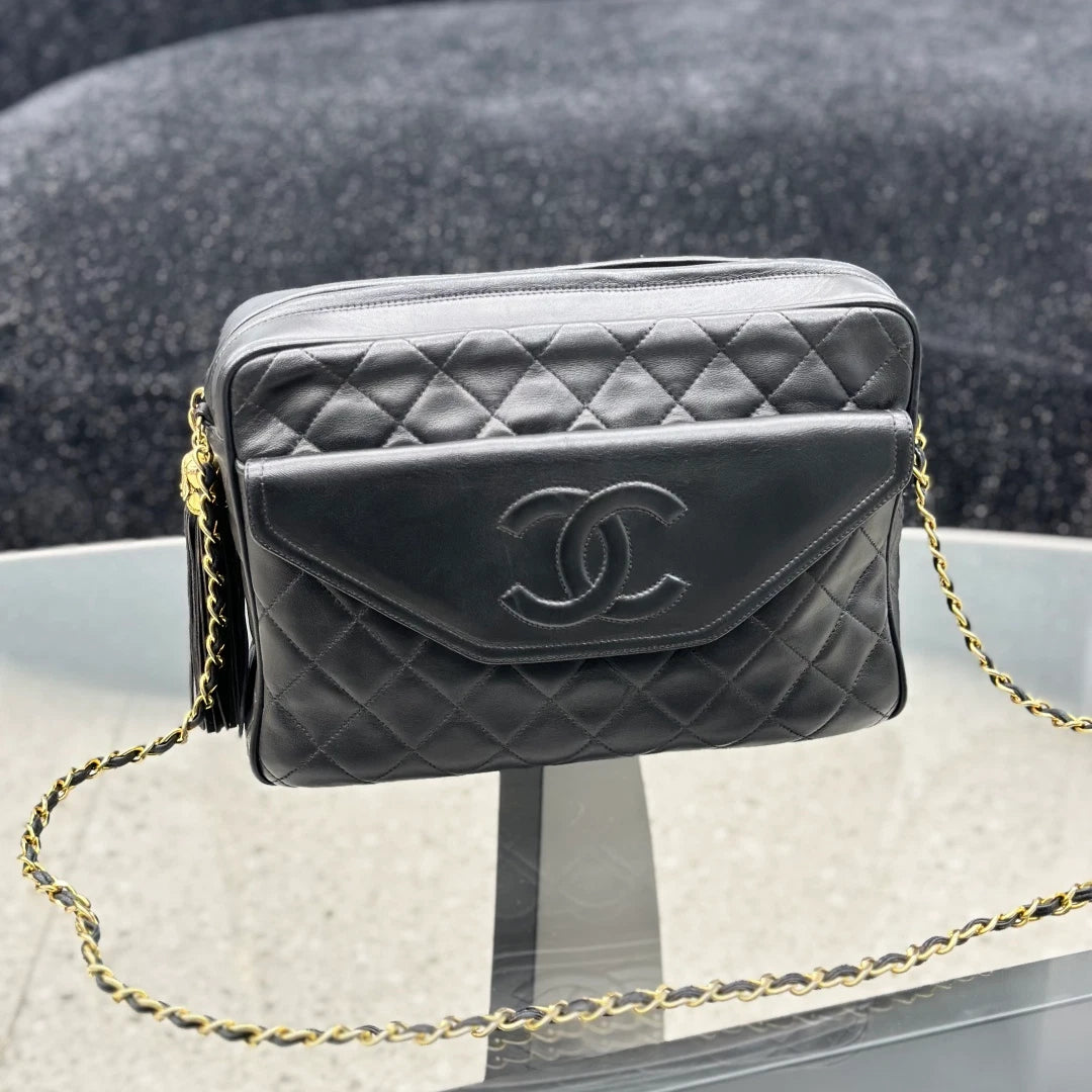 Chanel Vintage Tassel Lambskin Chain Shoulder Crossbody Bag Black Gold Women S