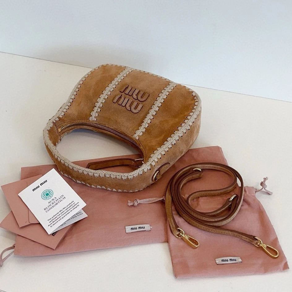 Miu Miu Wander Suede Top Handle Shoulder Bag Brown Gold Women Classic