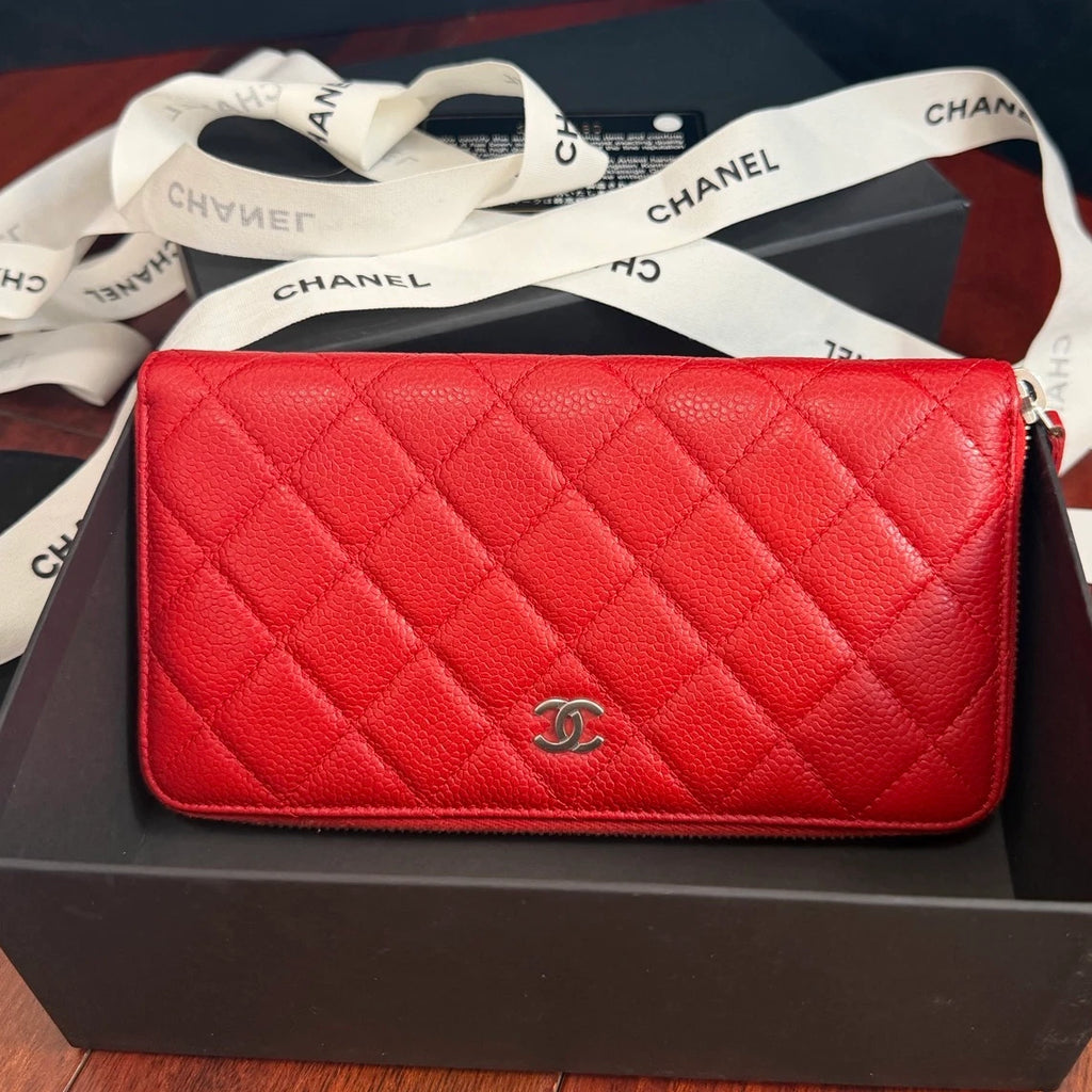 Chanel Diamond Long Wallet Red Silver Used Women Classic