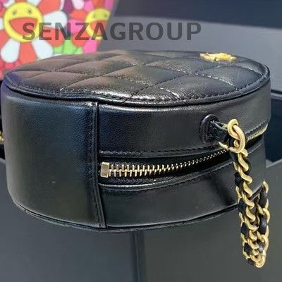 Chanel Black Gold Quilted Mini Round Bag Lamb Skin Chain Shoulder Bag