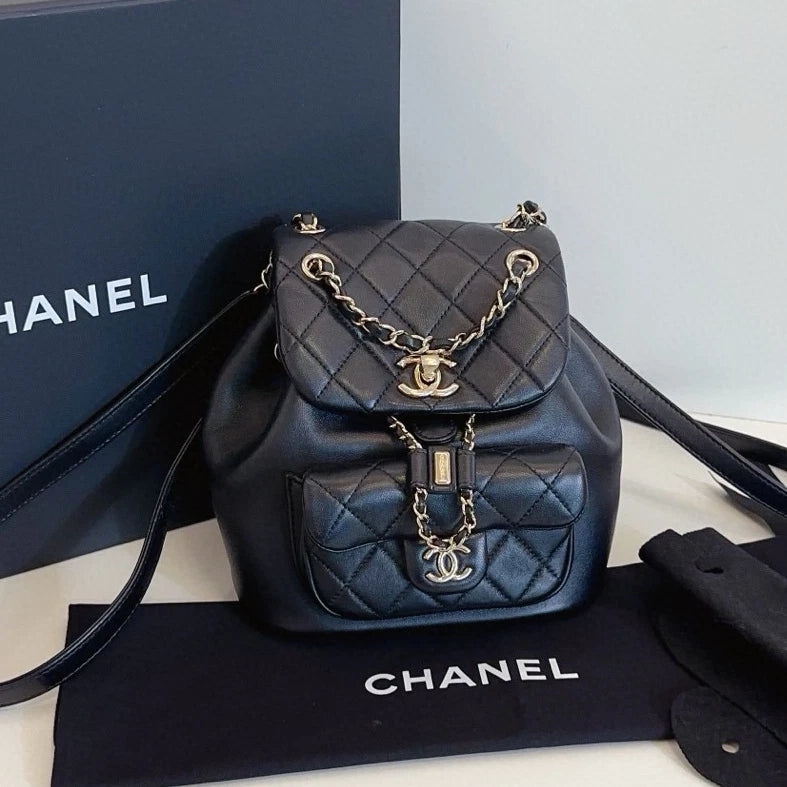 Chanel Duma Diamond Backpack Black Gold Used Women Classic