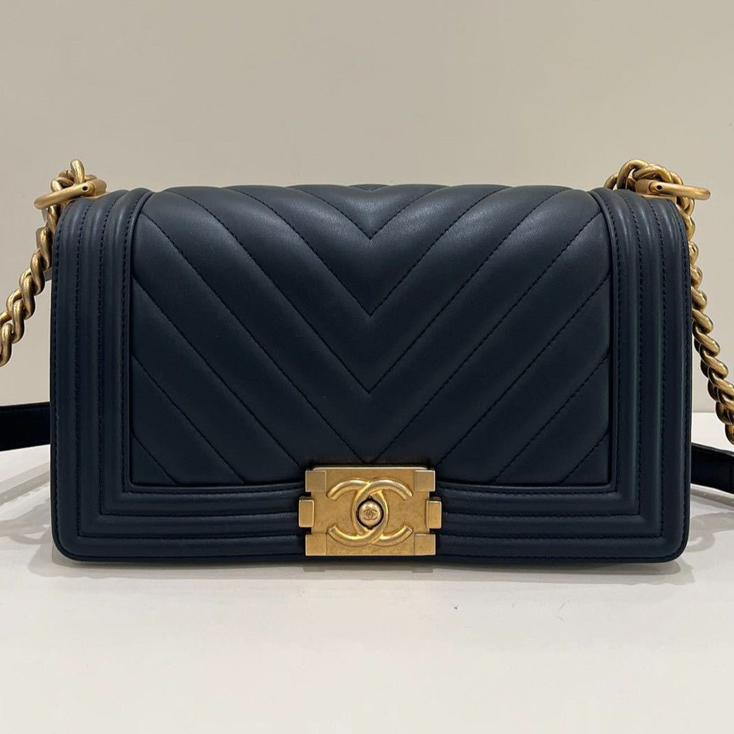 Chanel Le Boy Medium Chevron Blue Gold Chain Shoulder Crossbody Bag