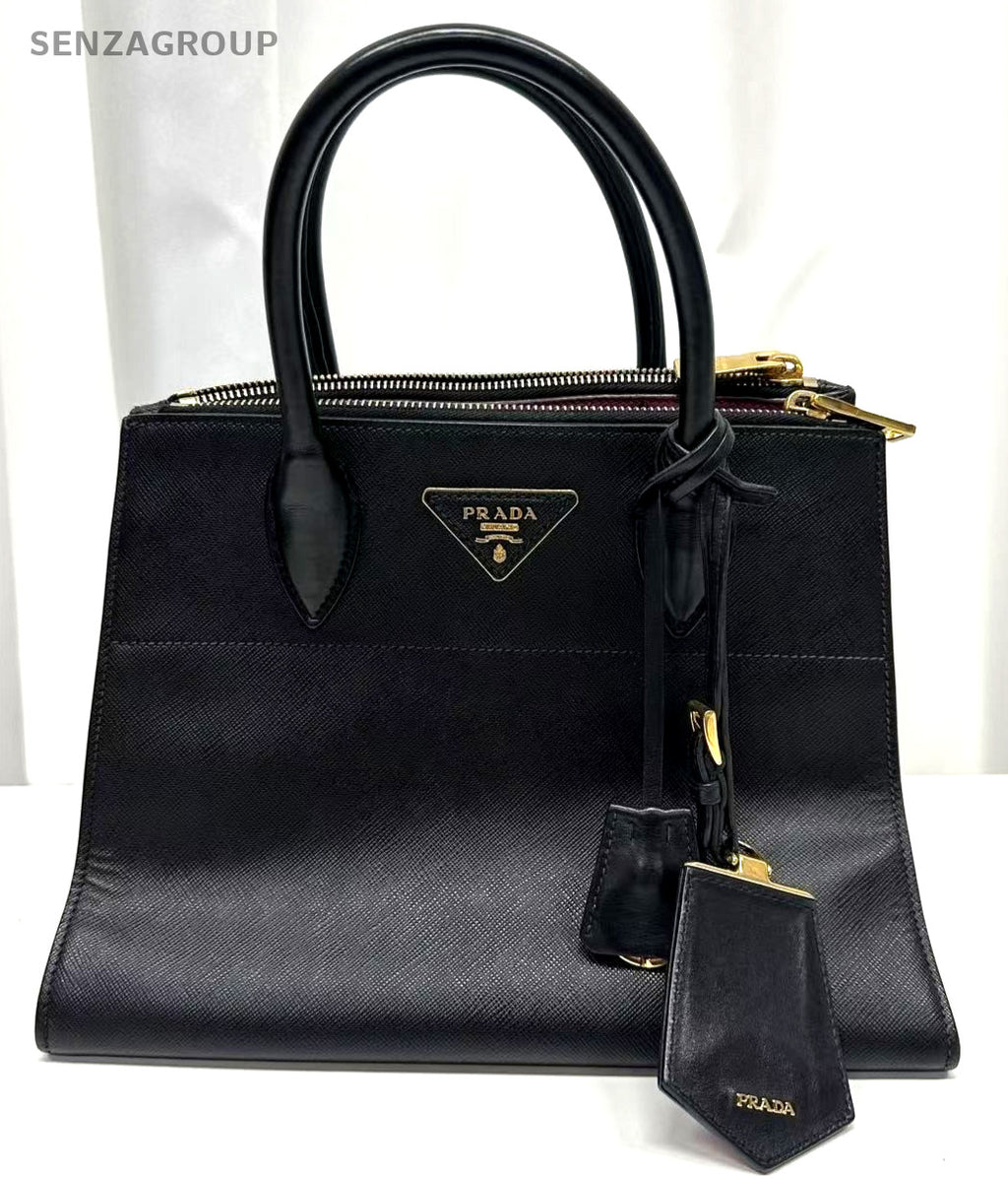 PRADA SAFFIANO Black gold Tote Shoulder bag Calfskin