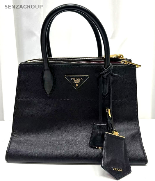 PRADA SAFFIANO Black gold Tote Shoulder bag Calfskin