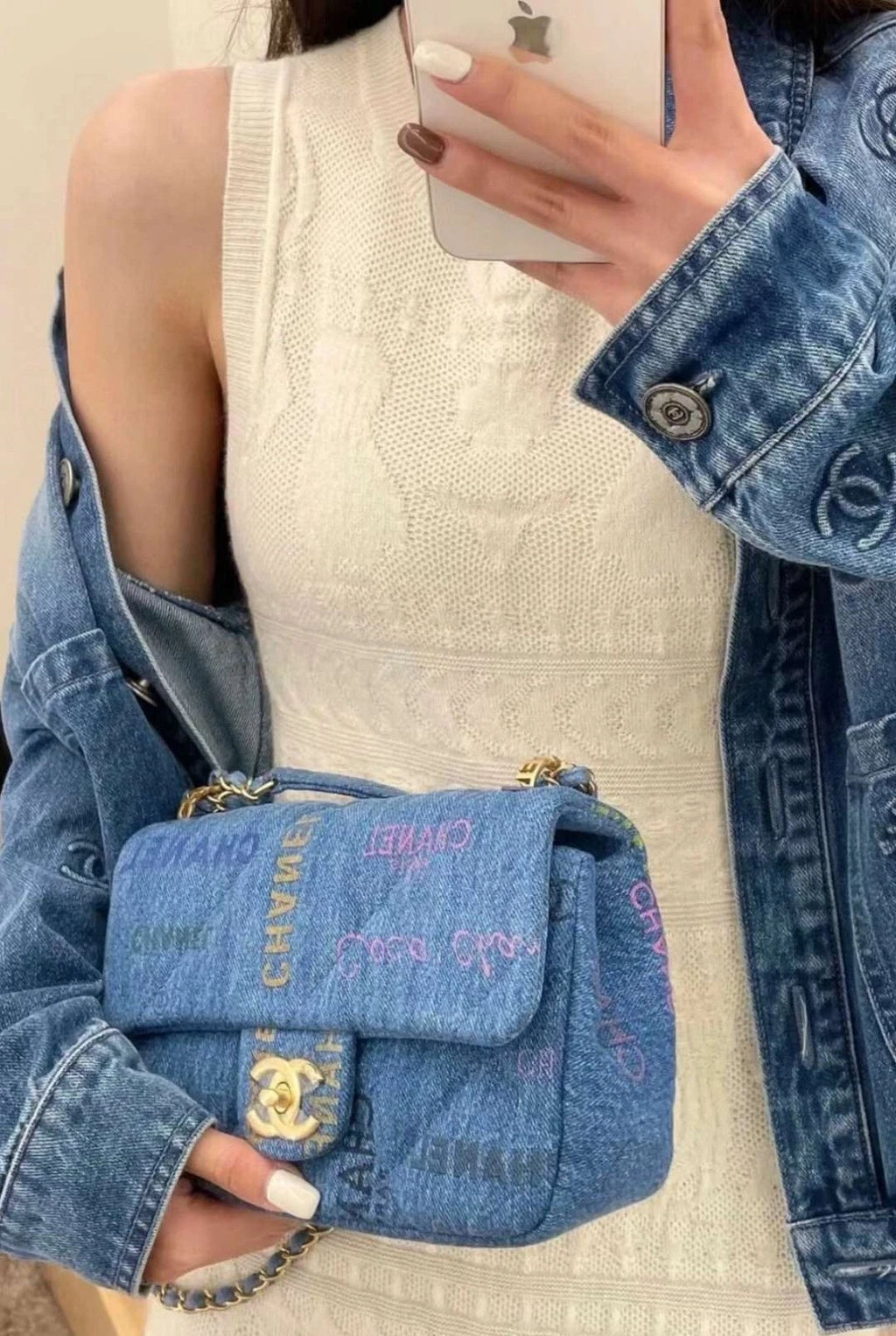 CHANEL CF Mini Graffiti Denim Crossbody Bag For Women
