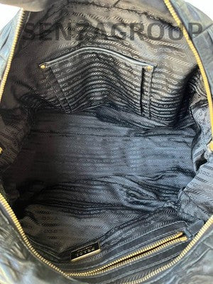 Prada Black Gold Leather Boston Bag Classic Women's Handbag Shoulder Tote