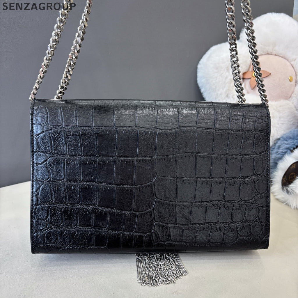 Saint Laurent Kate MM Tassel Chain Shoulder Bag Crossbody Black Silver Women