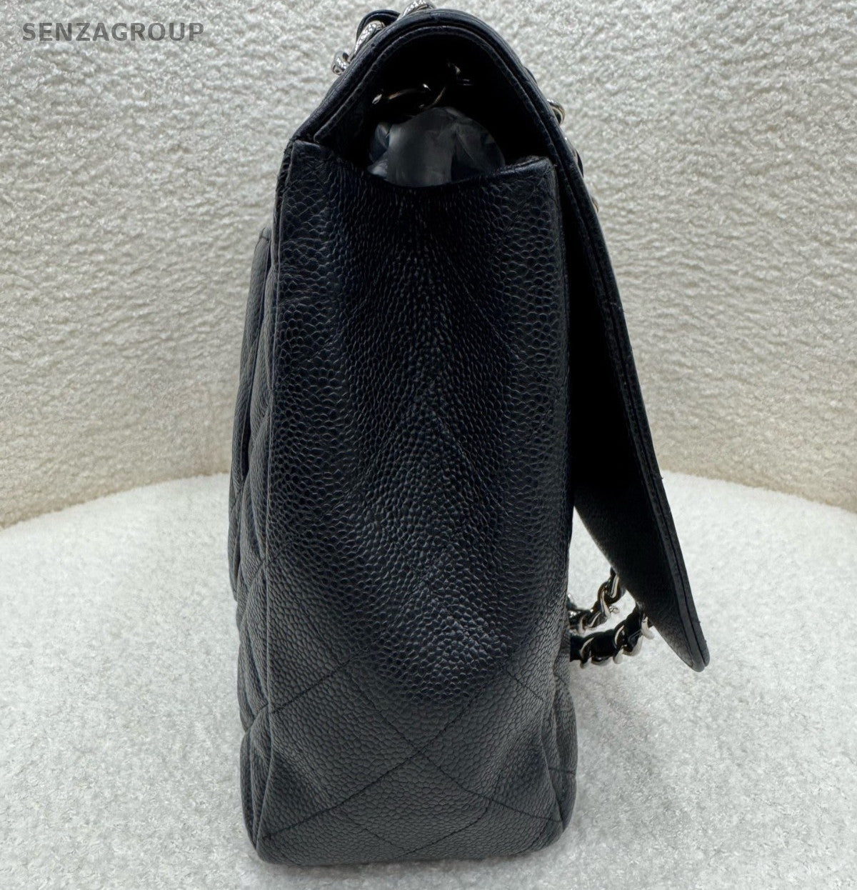 Chanel Classic Flap GM Calfskin Chain Shoulder Bag Black Silver Diamond Women