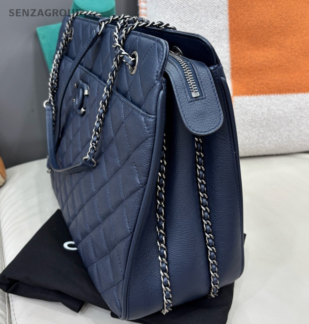 Chanel Tote Chain Shoulder Bag Blue Silver Diamond Women Classic