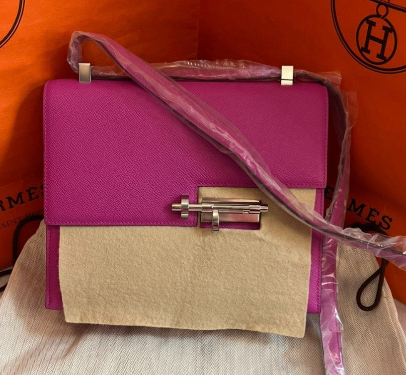 Hermes Verrou23 Epsom Leather Pink Silver Shoulder Bag Women Classic Fashion
