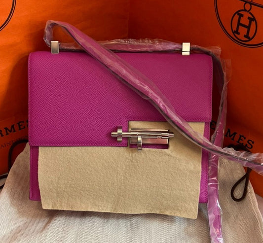 Hermes Verrou23 Epsom Leather Pink Silver Shoulder Bag Women Classic Fashion