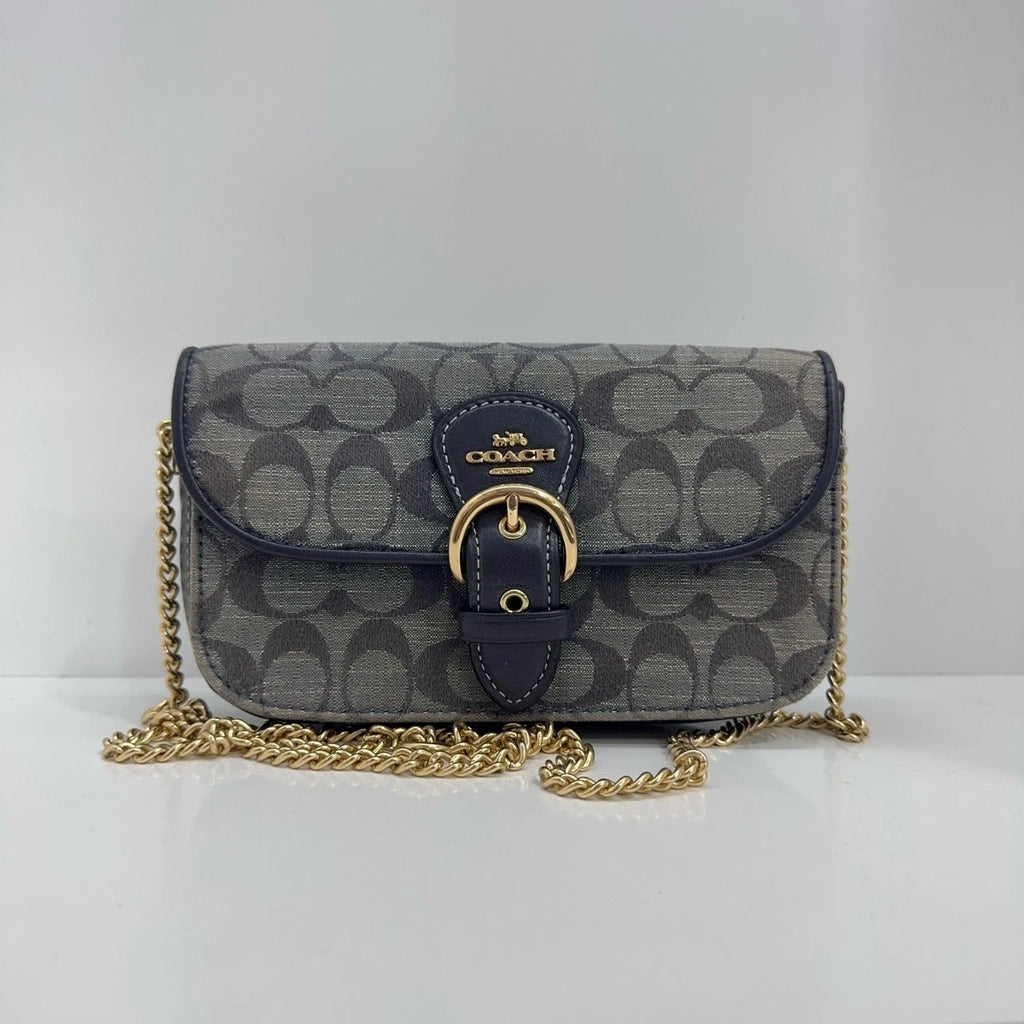 Coach Women's Blue Denim Leather Monogram Saddle Shoulder Crossbody Bag