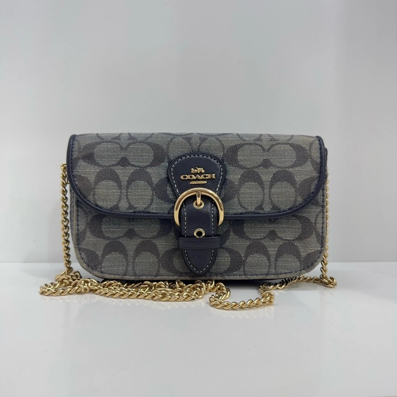 Coach Women's Blue Denim Leather Monogram Saddle Shoulder Crossbody Bag