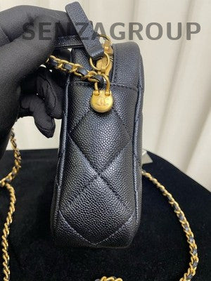 Chanel 21K Black Quilted Calfskin Chain Phone Bag Gold Hardware
