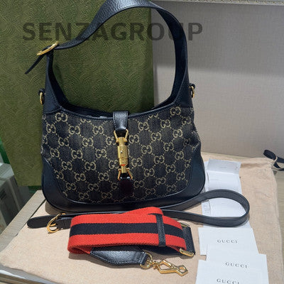 Gucci Jackie 1961 Canvas Monogram Shoulder Bag Black Gold Women's Fashion