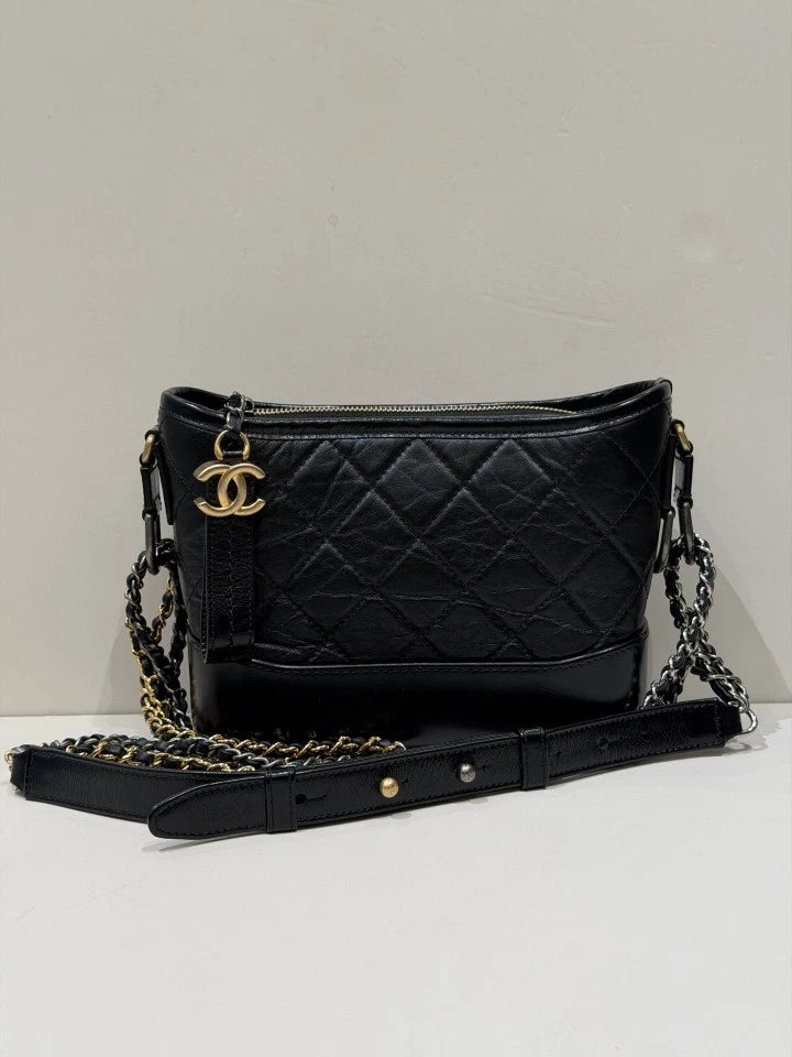 Chanel Gabrielle PM Chain Shoulder Bag Crossbody Black Gold Women