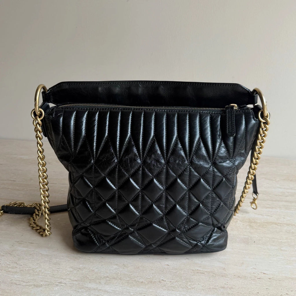 Chanel Calfskin Leather Diamond Black Handbag Gold Chain Crossbody