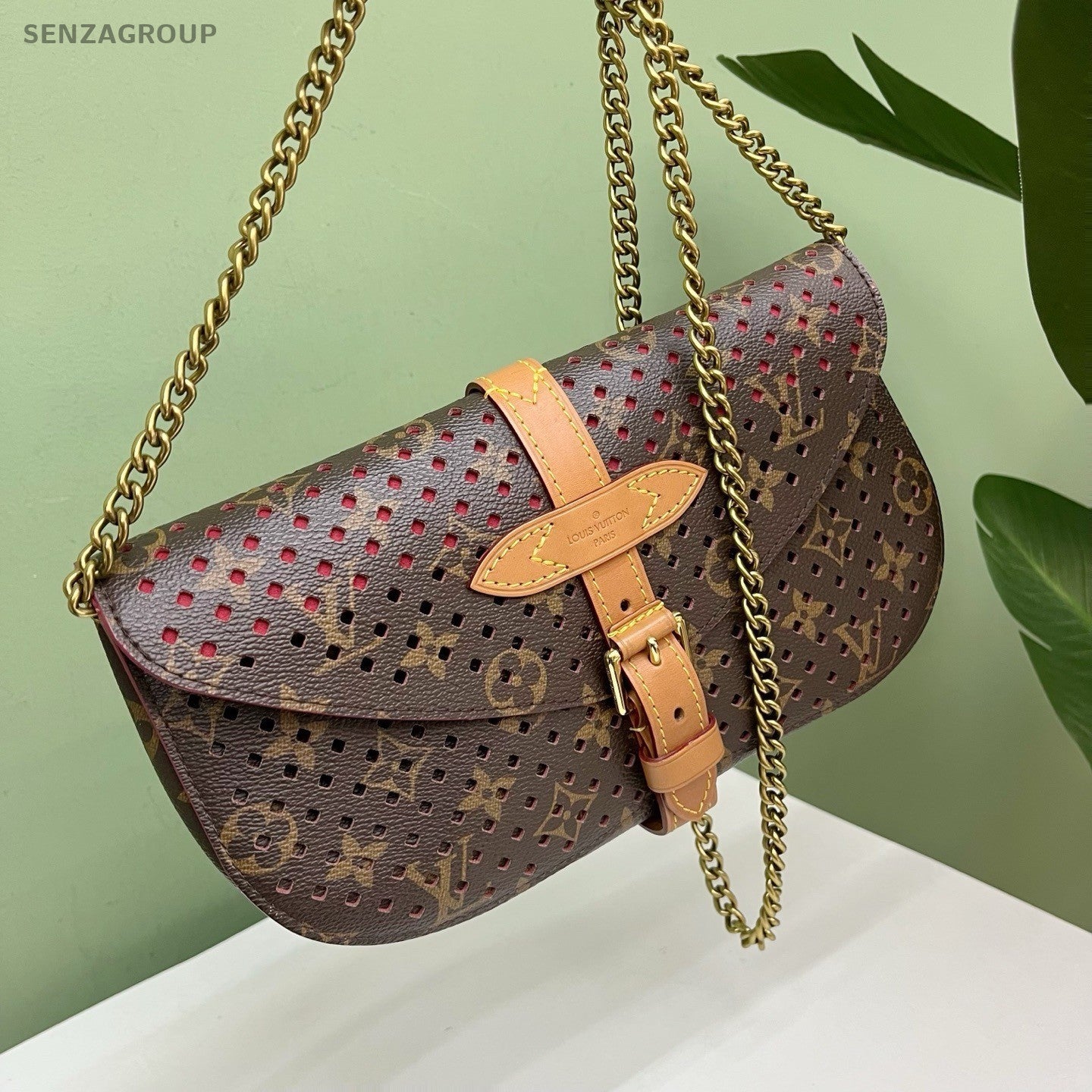 Louis Vuitton Saumur Monogram Chain Crossbody Brown Gold Women Classic