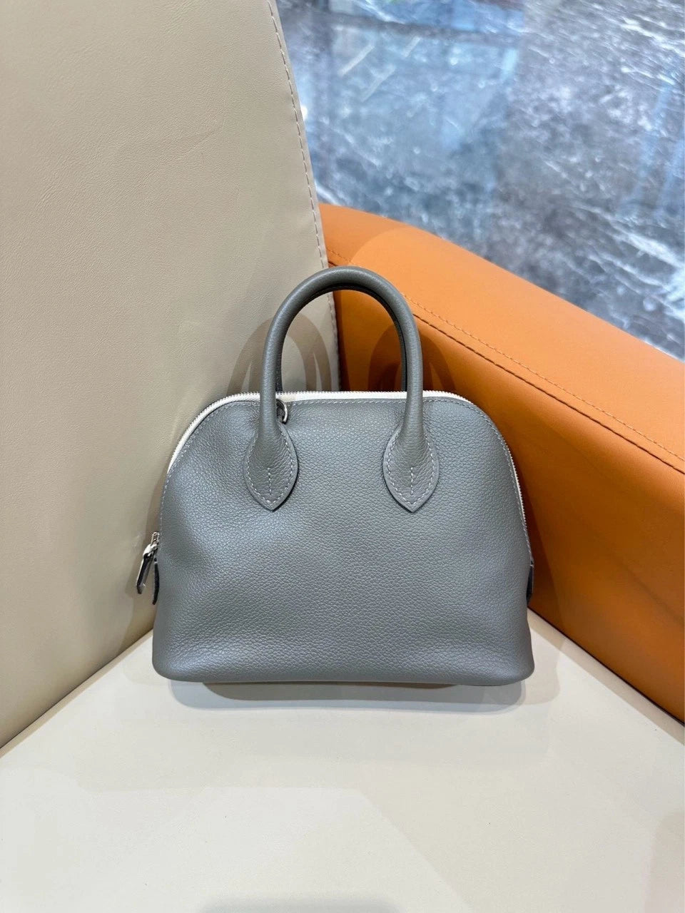 Hermes Mini Bolide Gray Leather Top Handle Bag For Women
