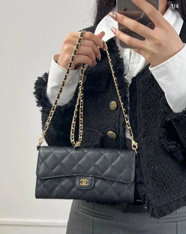 CHANEL Black Gold Grained Calfskin CF Long Chain Wallet For Women