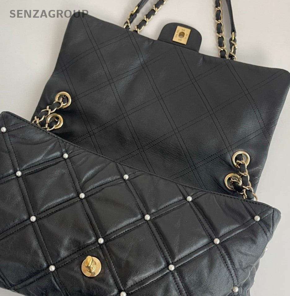 Chanel Diamond Pearl Chain Shoulder Bag Crossbody Black Gold Women Designer
