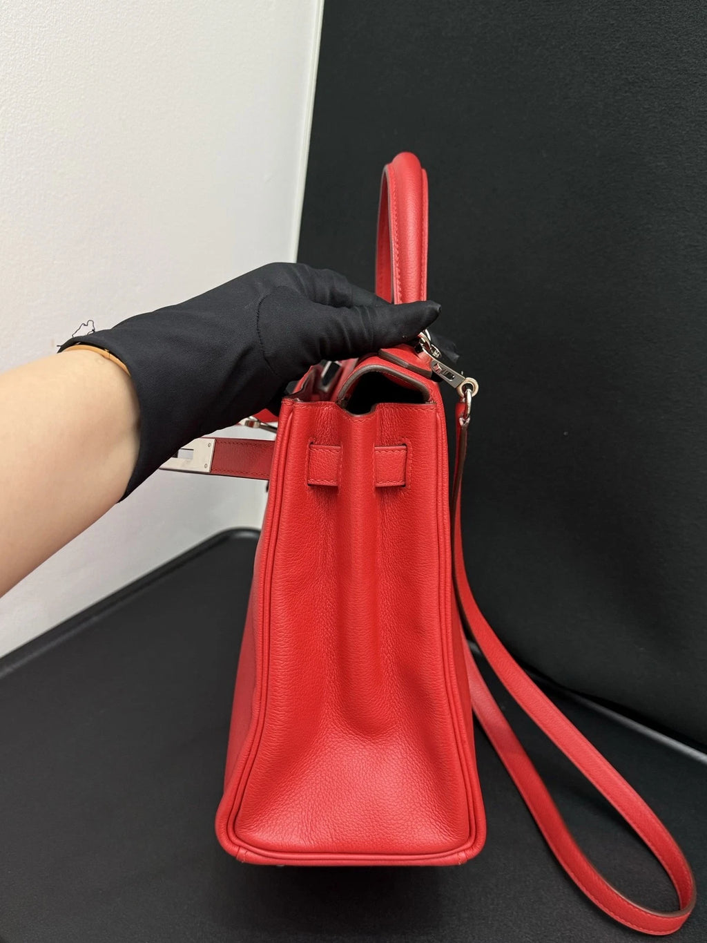 Hermes Kelly28 Evercolor Top Handle Bag Crossbody Red Silver Classic Women