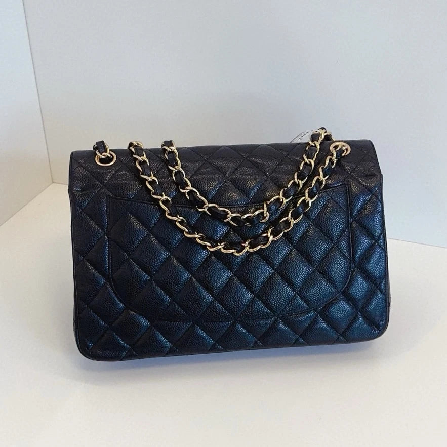 Chanel Classic Flap Jumbo Chain Shoulder Bag Crossbody Black Gold Women Fashion