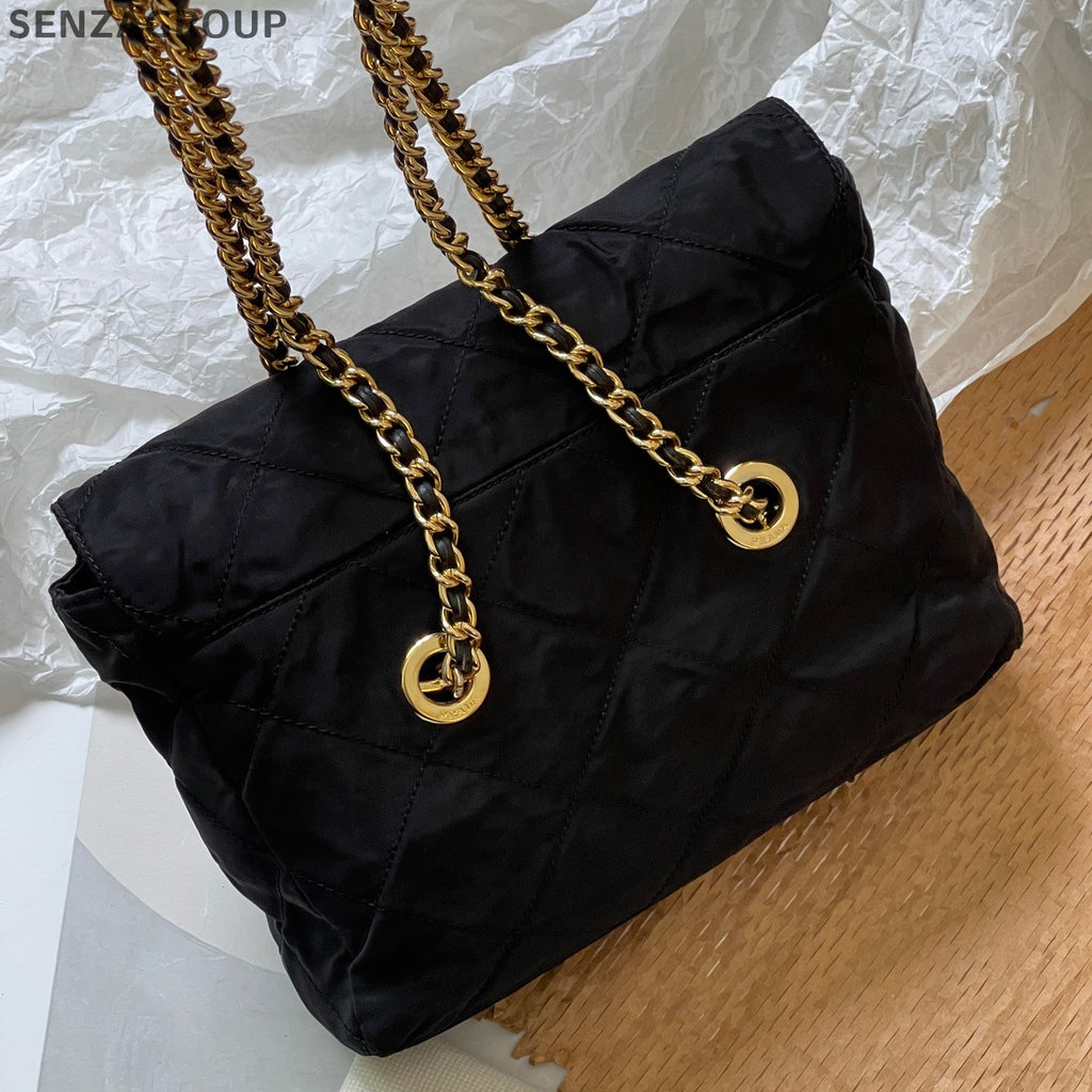 Prada Nylon Black Gold Chain Shoulder Crossbody Bag Classic Women