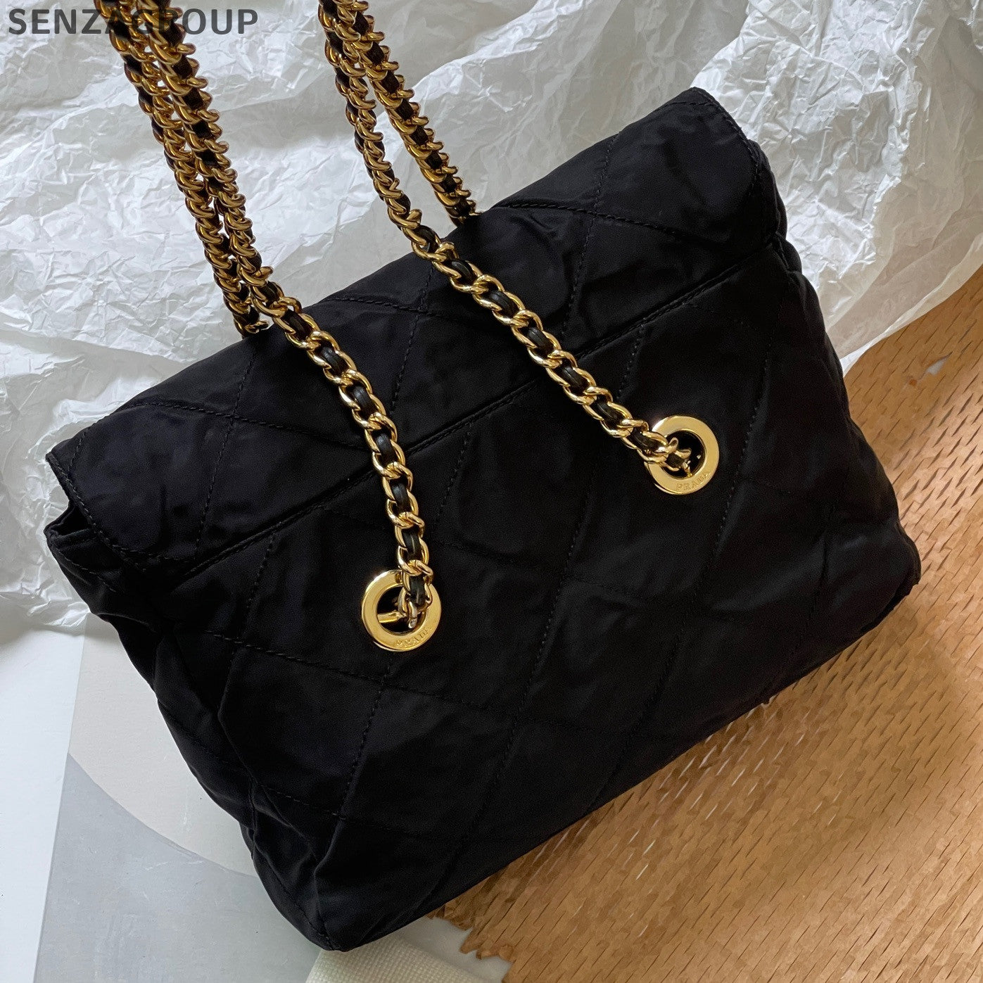 Prada Nylon Black Gold Chain Shoulder Crossbody Bag Classic Women