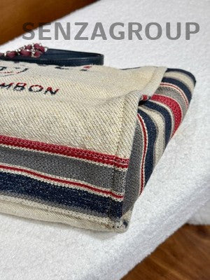Chanel Beige Striped Tote Beach Bag Chain Strap Shoulder Bag Women