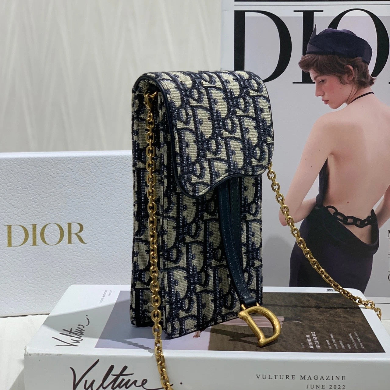 Dior Canvas Vertical Saddle Monogram Chain Phone Crossbody Women