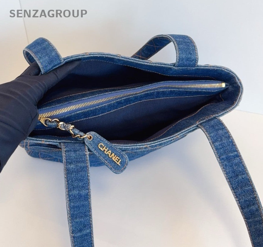 CHANEL Vintage Tote Denim Diamond Pattern Shoulder bag Blue Limited Edition