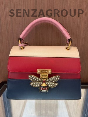 Gucci Margaret Leather Pearl Bee Shoulder Crossbody Bag Red Pink Blue