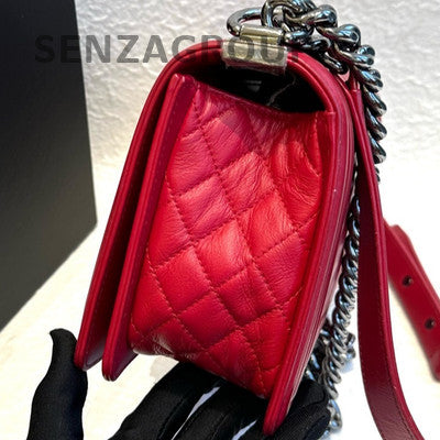 Chanel Medium Le Boy Red Silver Quilted Chain Shoulder Bag Classic Women