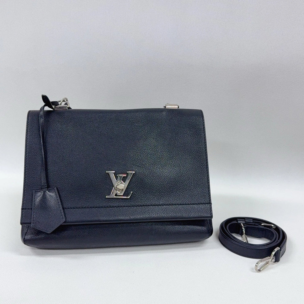 Louis Vuitton Lock Me MM Calfskin Top Handle Crossbody Black Silver Women