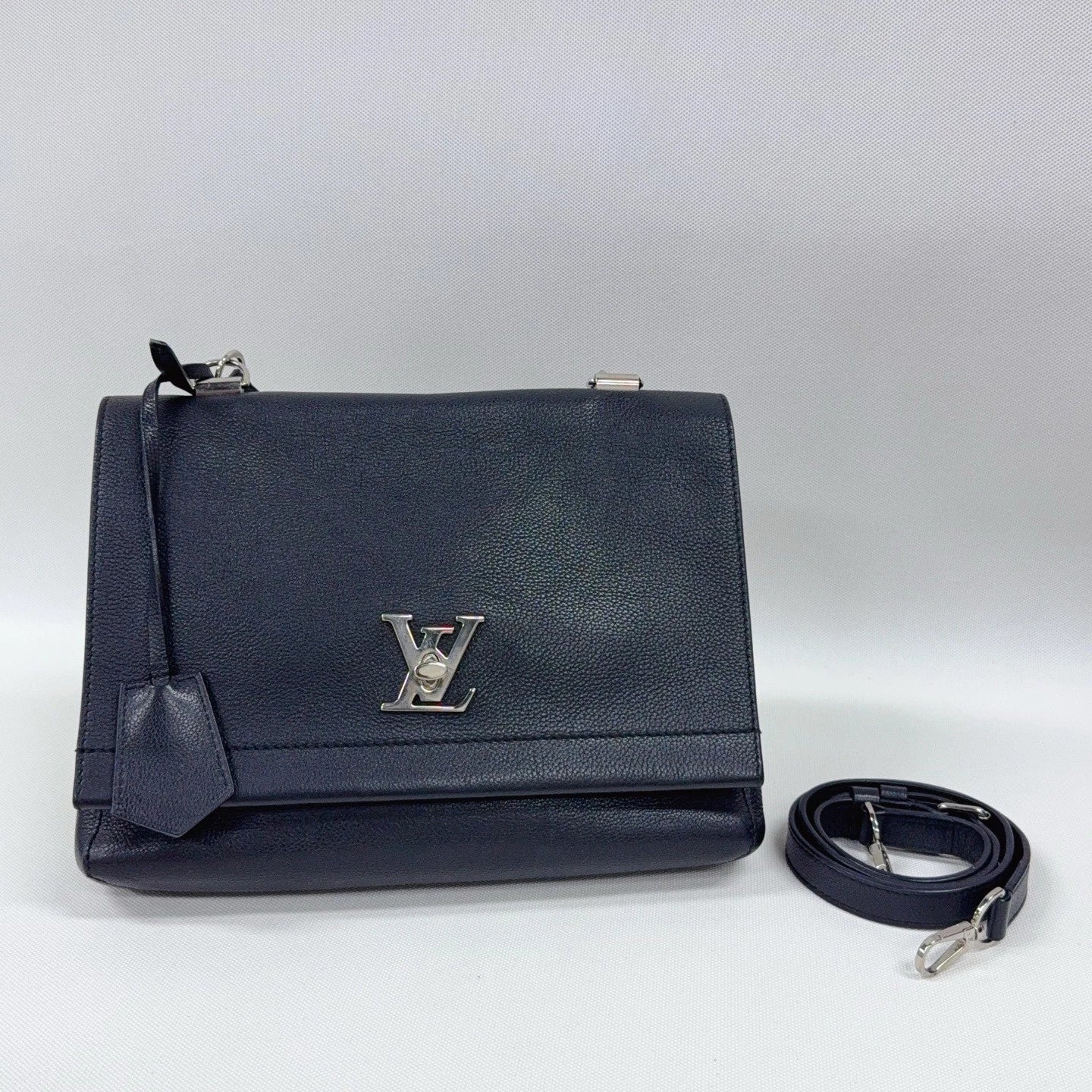 Louis Vuitton Lock Me MM Calfskin Top Handle Crossbody Black Silver Women