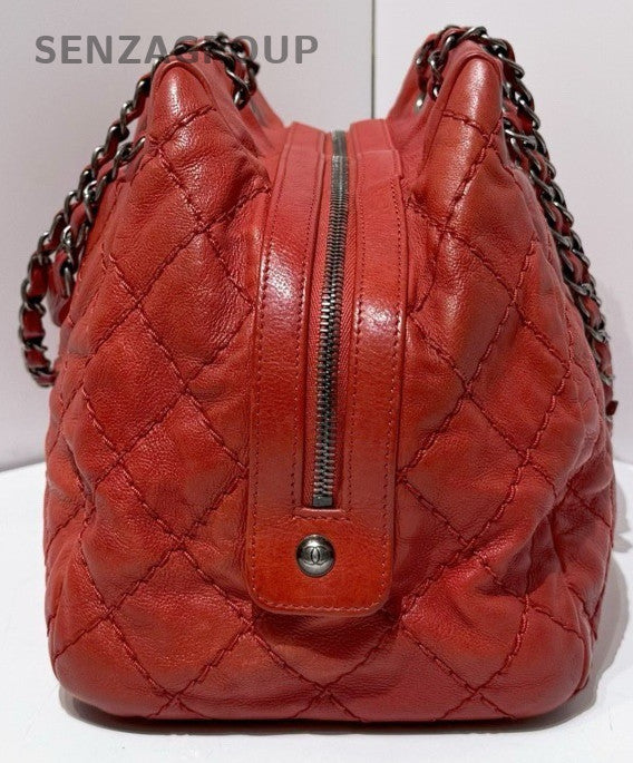 Chanel Diamond Pattern Chain Shoulder Bag Red Silver Used Women Classic Vintage