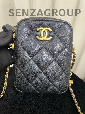 Chanel 21K Black Quilted Calfskin Chain Phone Bag Gold Hardware