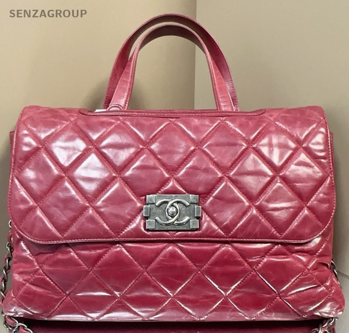 Chanel Leboy Vintage Button Top Handle Shoulder Bag  Red Silver Women Classic
