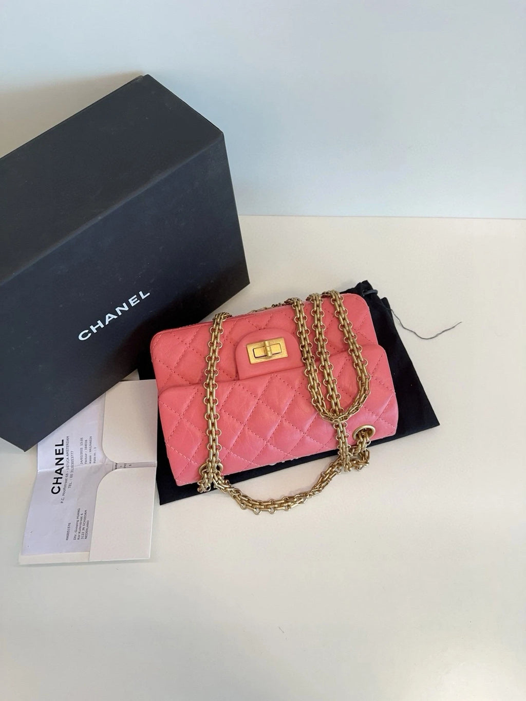 Chanel 2.55 Large Mini Peach Pink Gold Leather Crossbody Women