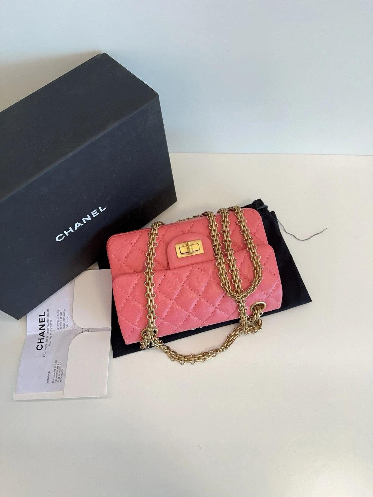 Chanel 2.55 Large Mini Peach Pink Gold Leather Crossbody Women