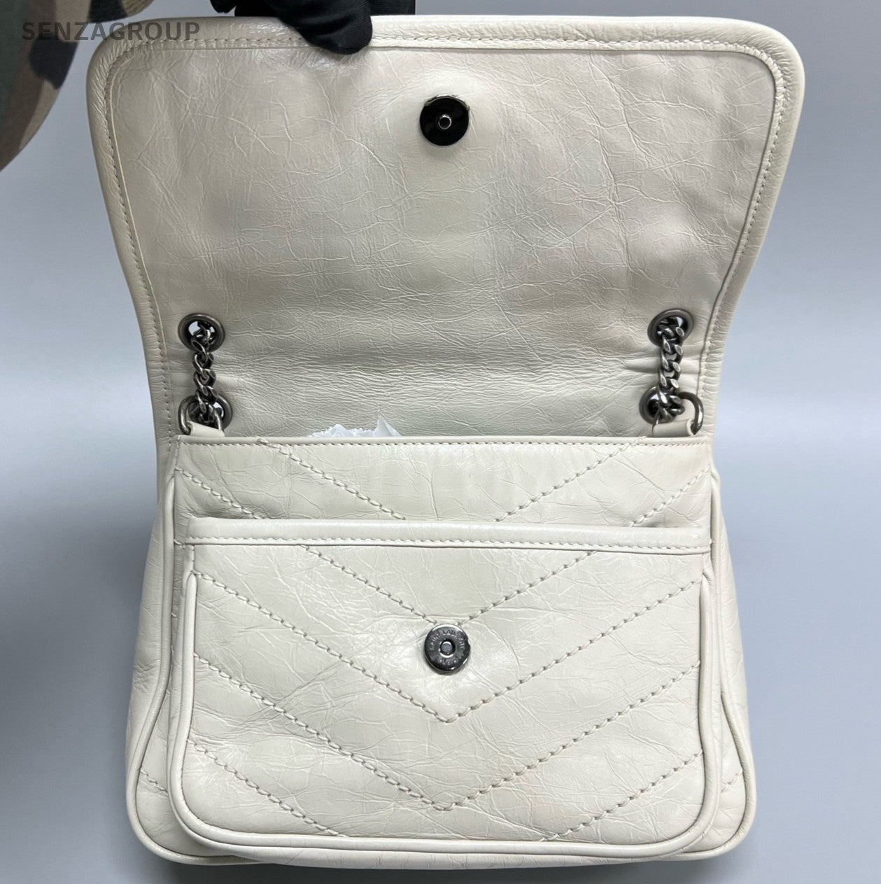 Saint Laurent Niki Baby Chain Shoulder Bag White Silver Used Women Classic