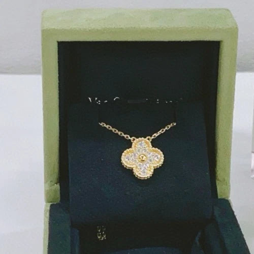 Van Cleef &amp; Arpels Vintage Alhambra 18K Yellow Gold Pendant Necklace 12 Diamonds
