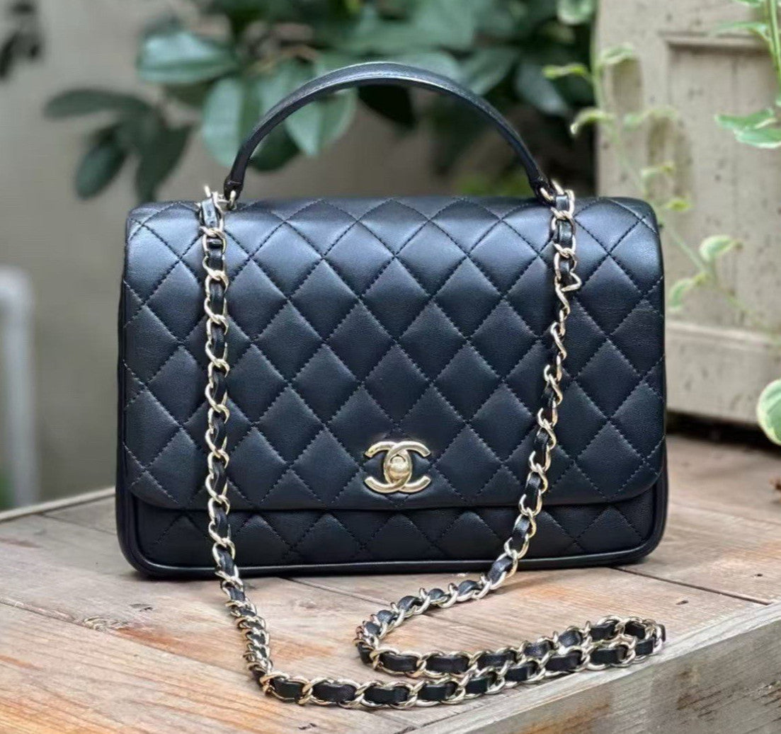 Chanel Calfskin Diamond Chain Top Handle Crossbody Black Gold Women Classic