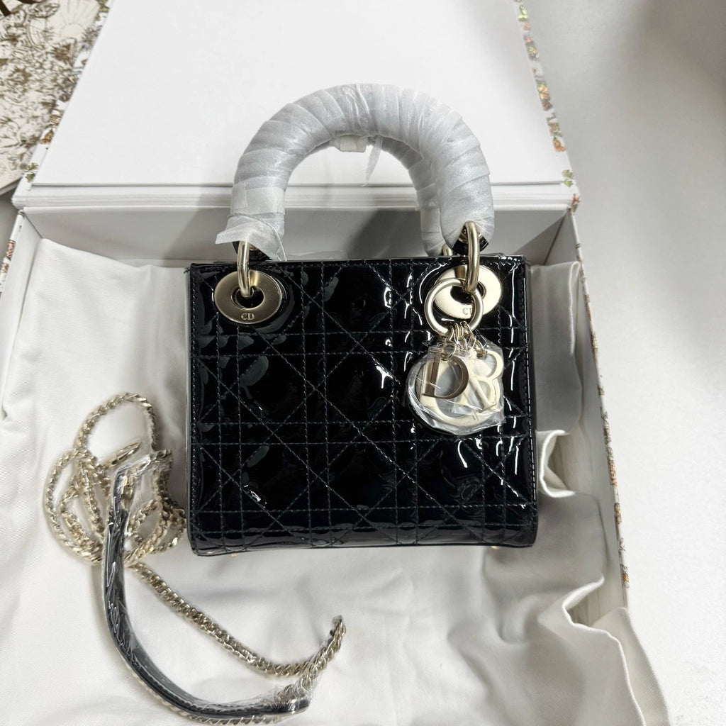 New Dior 3-grid Lady Dior Patent Leather Black Gold Handbag For Women