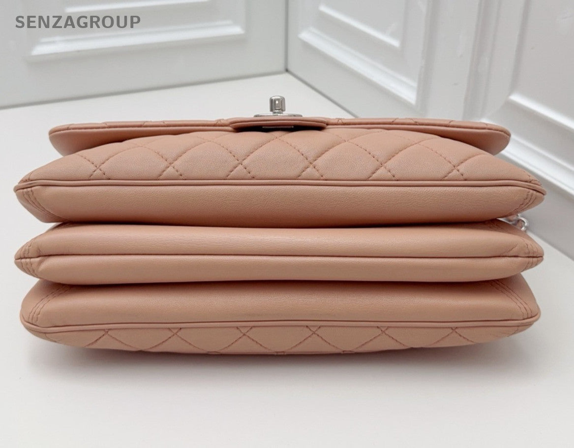 Chanel Classic Flap Lambskin Chain Shoulder Bag Peach Pink Silver Women Fashion